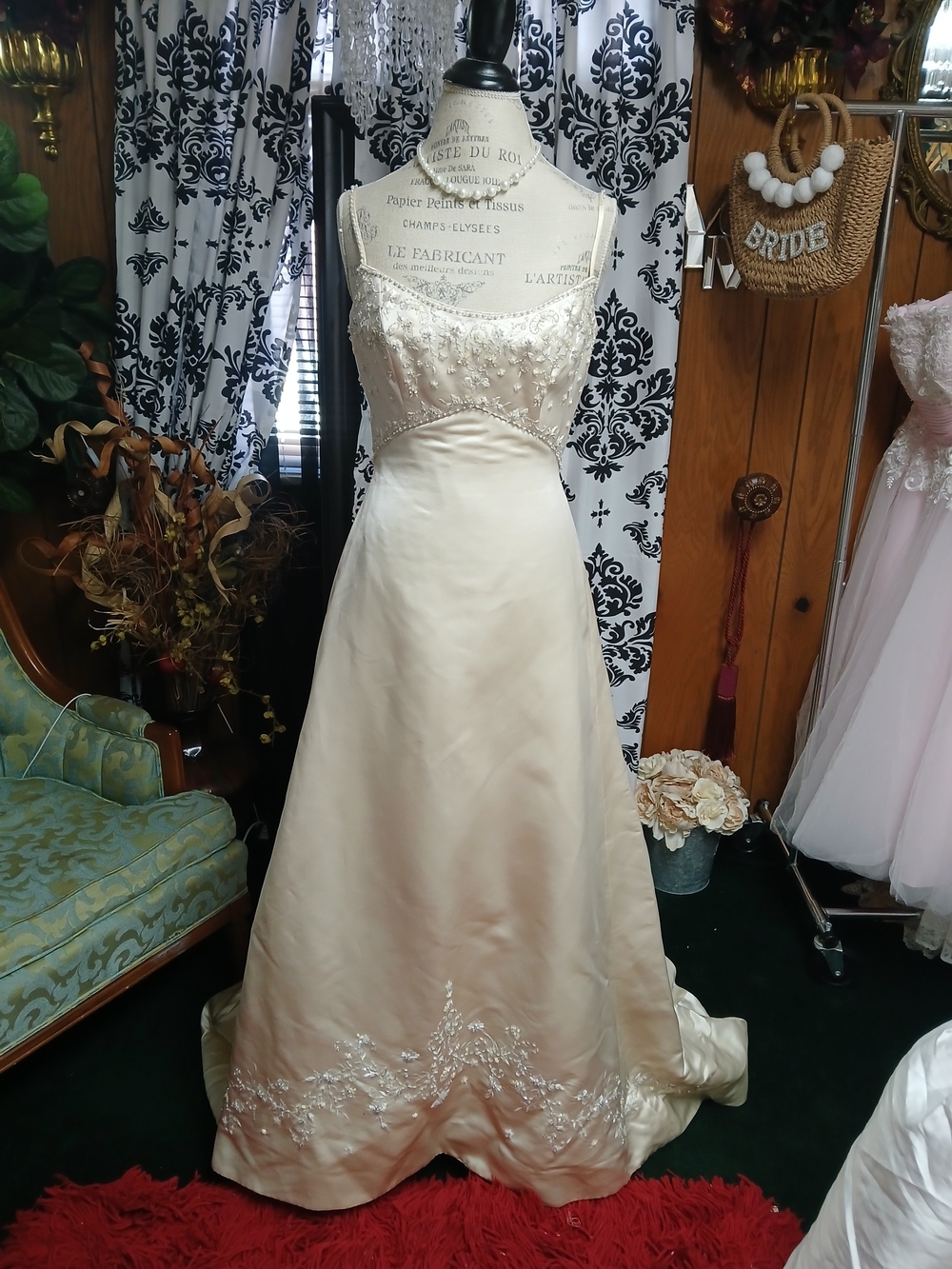 Ivory Satin A-Line Wedding Gown with Beaded Bodice